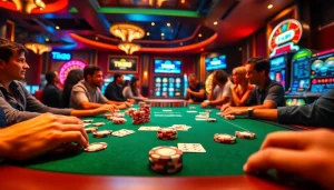 Trải nghiệm những khoảnh khắc chơi game đầy hồi hộp với tik88 tại bàn poker cược cao trong một casino sôi động.