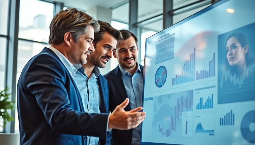 Team analyzing competitive intelligence data in a modern office setting.