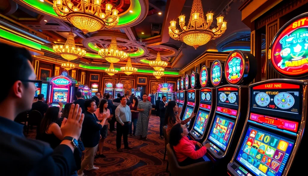 Players spinning the Slot machines in a luxurious casino atmosphere, celebrating wins.