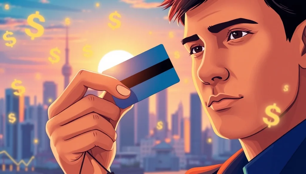 카드깡의 위험성을 탐구하는 사람의 모습, 금융과 관련된 요소들로 둘러싸인 장면