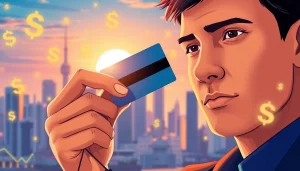 카드깡의 위험성을 탐구하는 사람의 모습, 금융과 관련된 요소들로 둘러싸인 장면