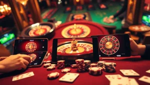 Cảnh chơi game căng thẳng khi sử dụng ứng dụng Bet VIP, thể hiện không khí casino ly kỳ với các yếu tố roulette và poker.