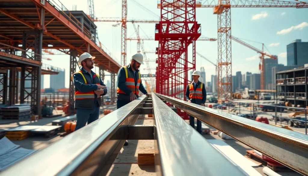 Expert workers engaged in structural steel installation, showcasing precision and teamwork.