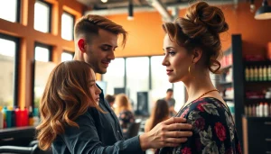 Coafor Bucuresti: Hairstylist perfecting a client's hair in a lively salon environment.