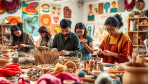 Engaging in craft training programs, artisans passionately create in a vibrant studio.