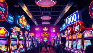 Menampilkan permainan slot deposit 1000 yang energik di kasino online dengan pemain yang antusias.