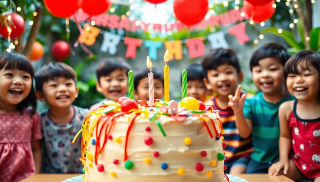 Exciting Singapore birthday party scene with a colorful cake, balloons, and joyful children.