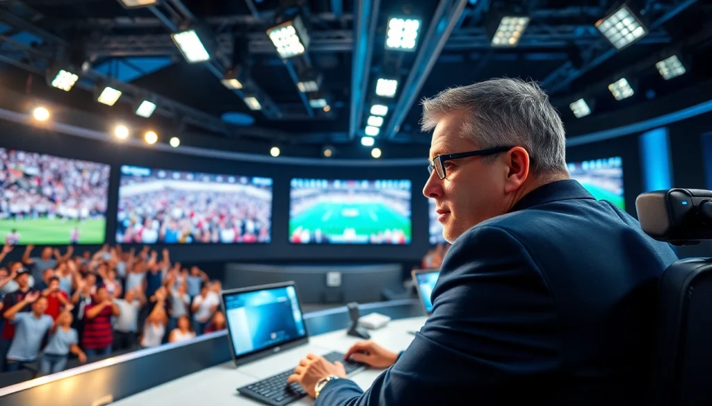 Engaging sports broadcasting setup with a commentator and live crowd action.