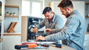 Technician performing BOSCH dishwasher repair in a well-lit kitchen with tools on display.