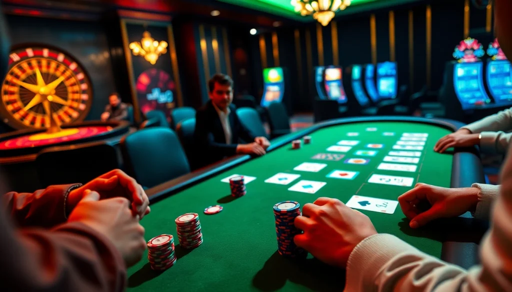 Intense poker game scene at MM88 casino with vibrant chips and cards.