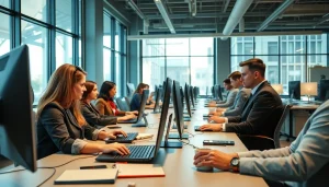 Typing center showcasing busy professionals in a modern workspace to enhance productivity.