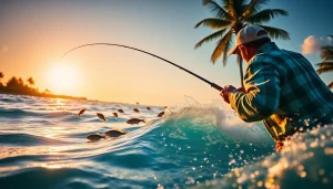 Casting a line for Saltwater fly fishing while enjoying a stunning tropical sunset.
