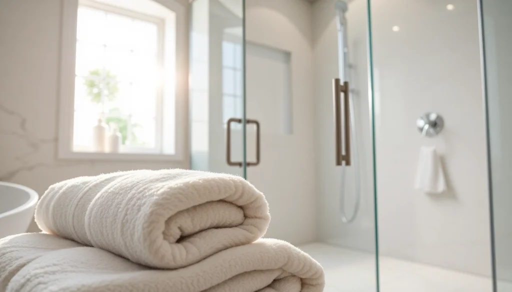 Elegant shower doors displayed in a luxurious bathroom with sleek design and ambient lighting.