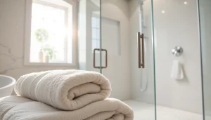 Elegant shower doors displayed in a luxurious bathroom with sleek design and ambient lighting.