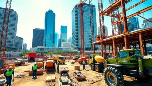 Austin construction site bustling with activity and modern skyscrapers in the background.