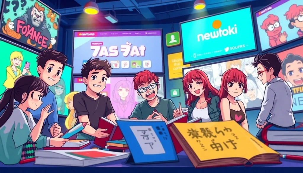 newtoki 웹툰 장면을 교육적이고 활기차게 표현하는 일러스트레이션