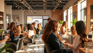 Interior view of Omnia Salon, showcasing skilled stylists providing hair services using eco-friendly Aveda products.