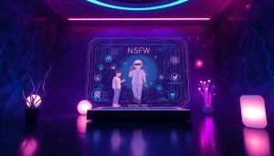 Engaging digital interface depicting NSFW character AI interactions with vibrant colors and holographic elements.
