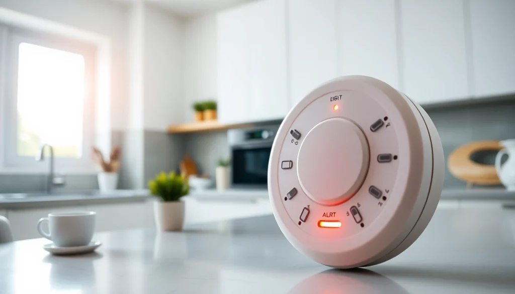 Carbon monoxide detector beeping in a modern kitchen, indicating an alert for safety.