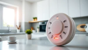 Carbon monoxide detector beeping in a modern kitchen, indicating an alert for safety.