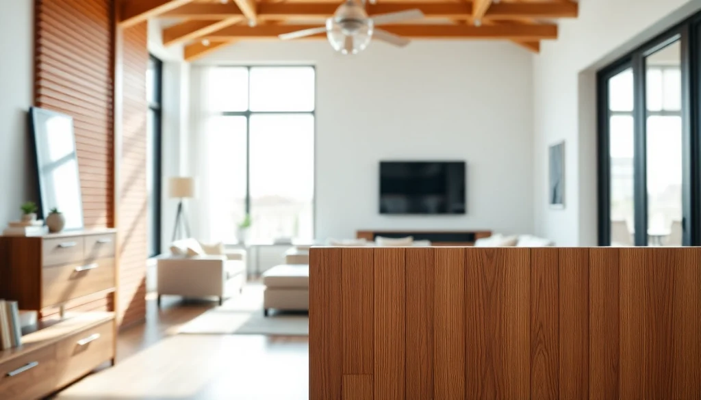 Decorative wood slat panels elevate the aesthetics of this modern interior.