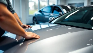 Apply paint protection film near me on a luxury vehicle with a professional technician in action.