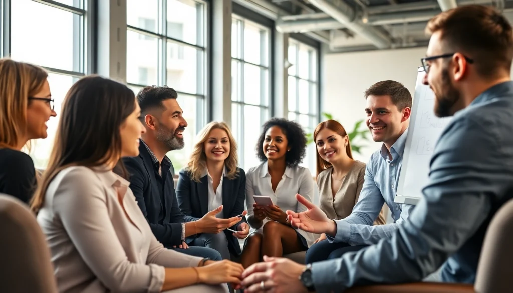 Engaged professionals discussing strategies in a business coaching service session.