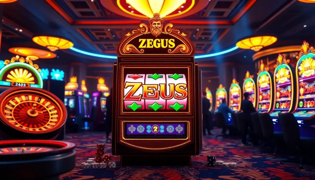 Spin the reels of the Zeus slot for thrilling wins in this vibrant casino scene.