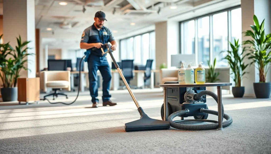 Technician performing commercial carpet cleaning in a modern office setting.