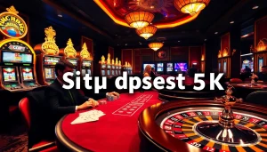 Players at a high-stakes poker table in a luxurious casino, illustrating situs deposit 5k excitement.
