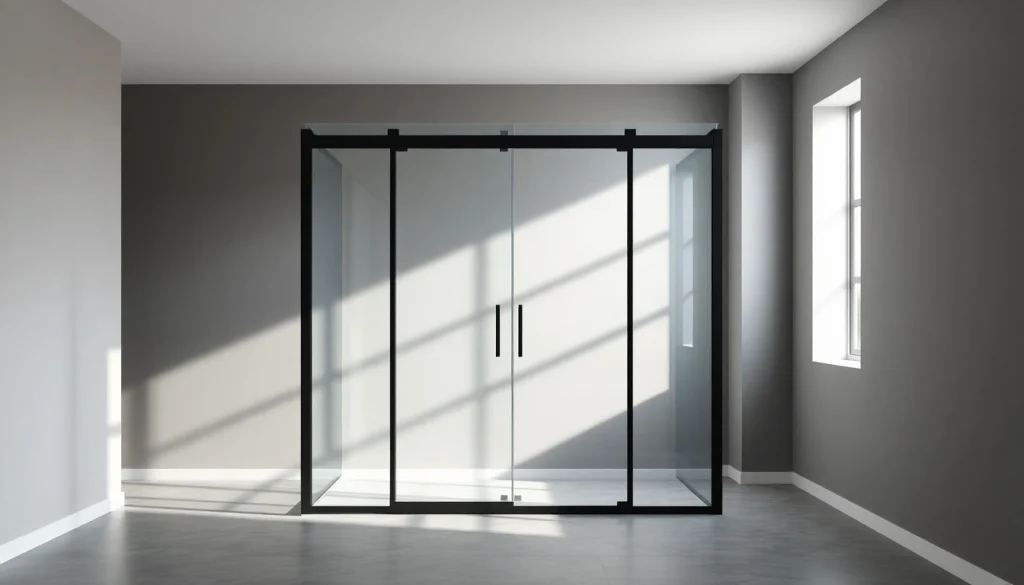 Stylish shower door black frame in a modern bathroom with natural lighting and minimal decor.