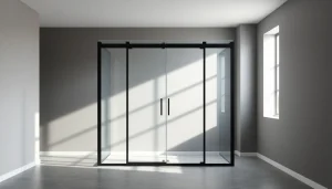 Stylish shower door black frame in a modern bathroom with natural lighting and minimal decor.