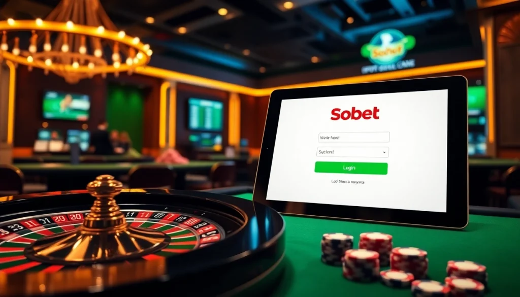 Sbobet login terbaru interface on a tablet amidst a luxurious casino setting with roulette and poker chips.