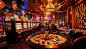 Excited players enjoying link mahjong at a casino table surrounded by brilliant lights and high-stakes action.