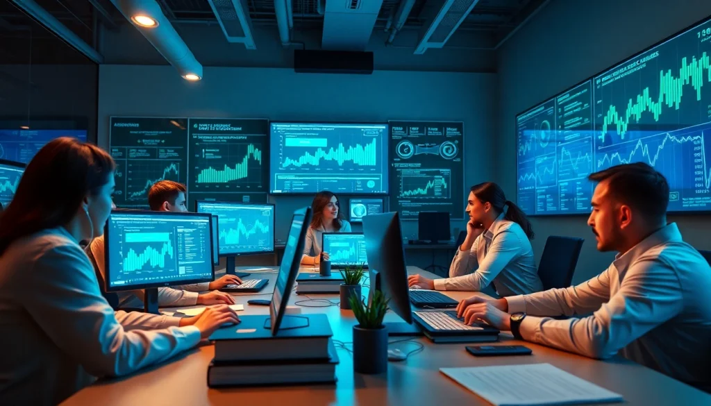 Innovative team collaborating on cybersecurity AI solutions in a modern lab