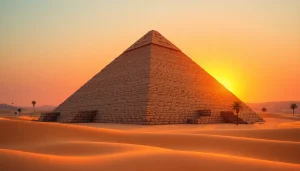 A captivating view of the ancient pyraminds under a dramatic sunset.