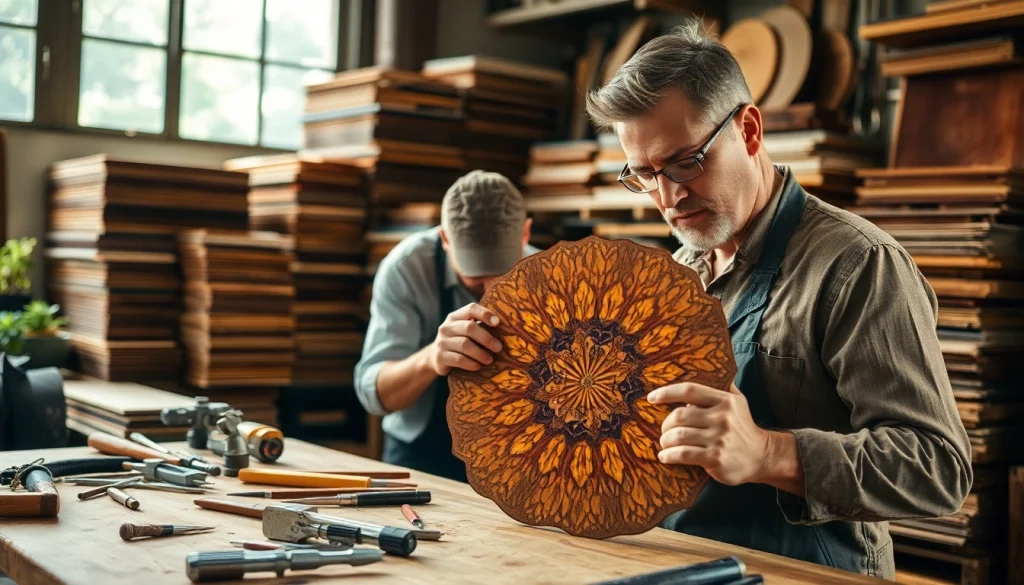 Artisan working on a detailed veneer project at the veneer hub with various wood finishes.