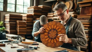 Artisan working on a detailed veneer project at the veneer hub with various wood finishes.