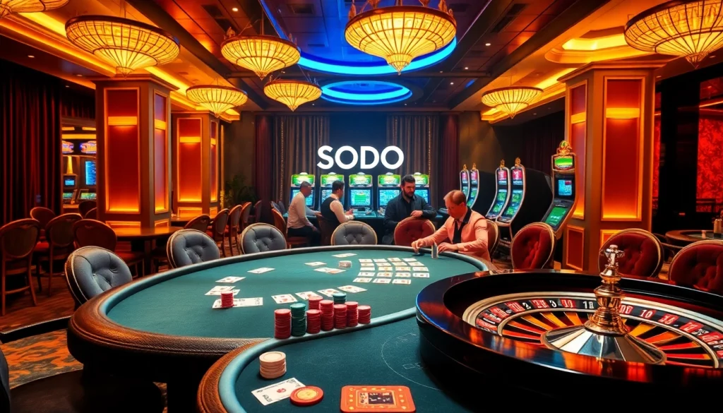 SODO CASINO's exciting poker game with vibrant chips and engrossed players in a luxurious setting.