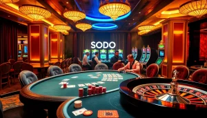 SODO CASINO's exciting poker game with vibrant chips and engrossed players in a luxurious setting.