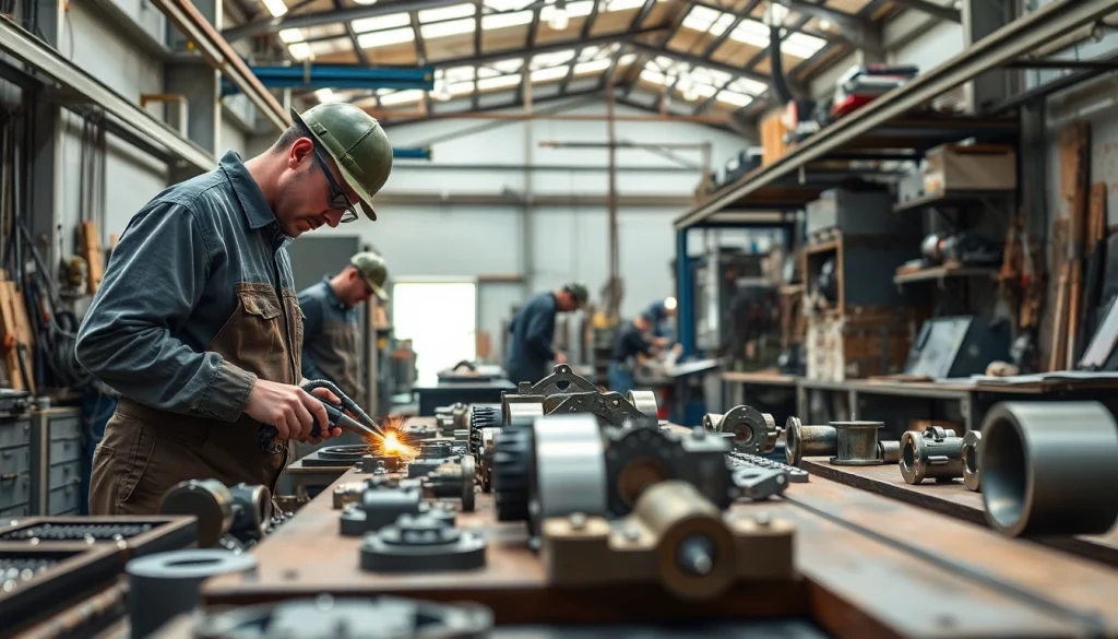 Creating custom steel fabrication pieces in a professional workshop with skilled craftsmen.