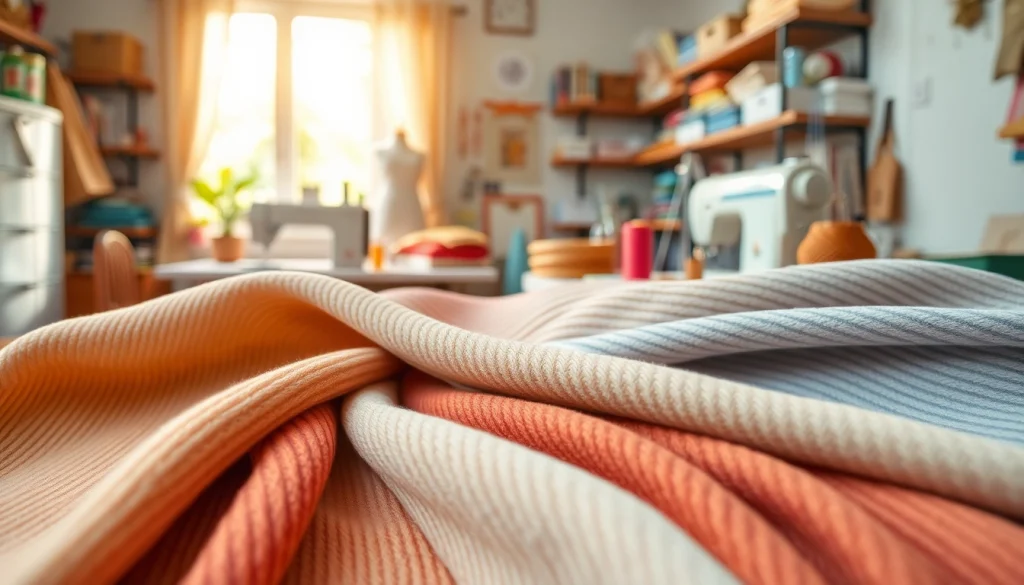 Bekijk ribcord stof met mooie texturen in een gezellige naaiomgeving.