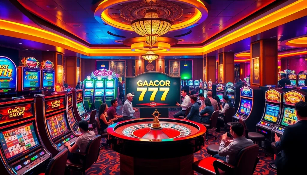 Players enjoying the thrill of idnslot at a vibrant casino, featuring slot machines and a roulette wheel.