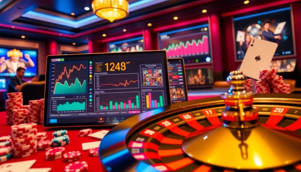 Experience exciting gambling action with cm88 at a luxurious casino, featuring roulette and poker.