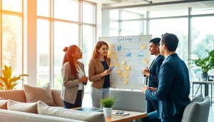 Capturing teamwork dynamics while sharing business growth insights in a modern office setting.