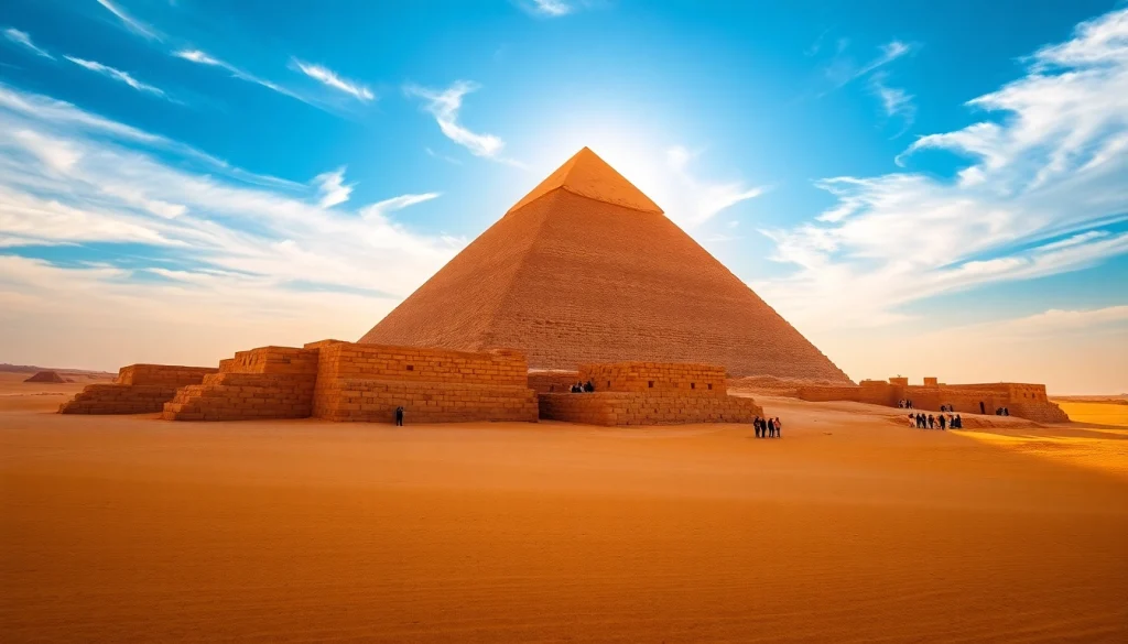 Piraminds standing tall under a bright blue sky, showcasing their grandeur against the desert backdrop.