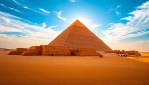 Piraminds standing tall under a bright blue sky, showcasing their grandeur against the desert backdrop.