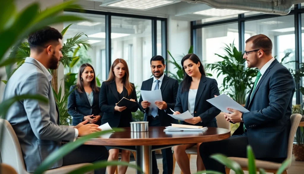 Environmental law firm collaborating in a modern office with sustainable design.