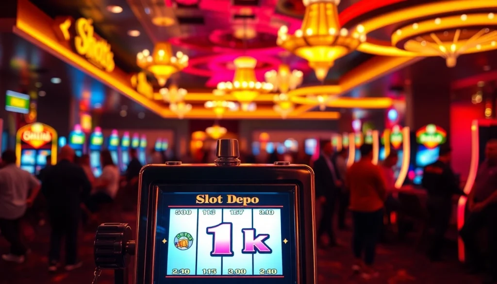 Menampilkan slot depo 1k pada mesin slot di kasino yang ramai dan bercahaya.