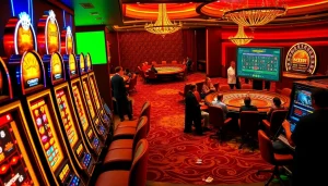 Players engaging with vibrant slot depo 1000 machines in a luxurious casino setting, showcasing excitement and anticipation.